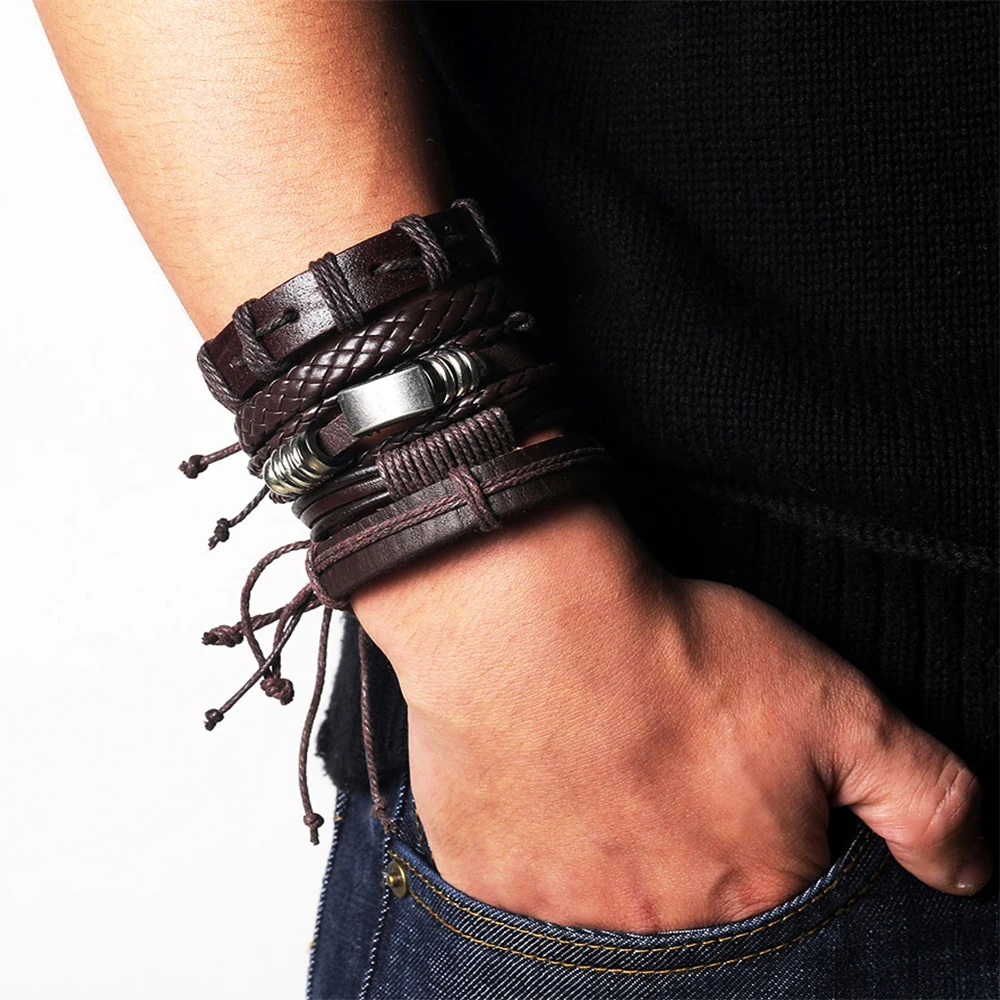 

17IF 5PCS Punk Multiple Layers Leather Bracelet Beads Men Classic Rope Chain Arm Wrap Bracelets & Bangles Set Male Jewelry 2019