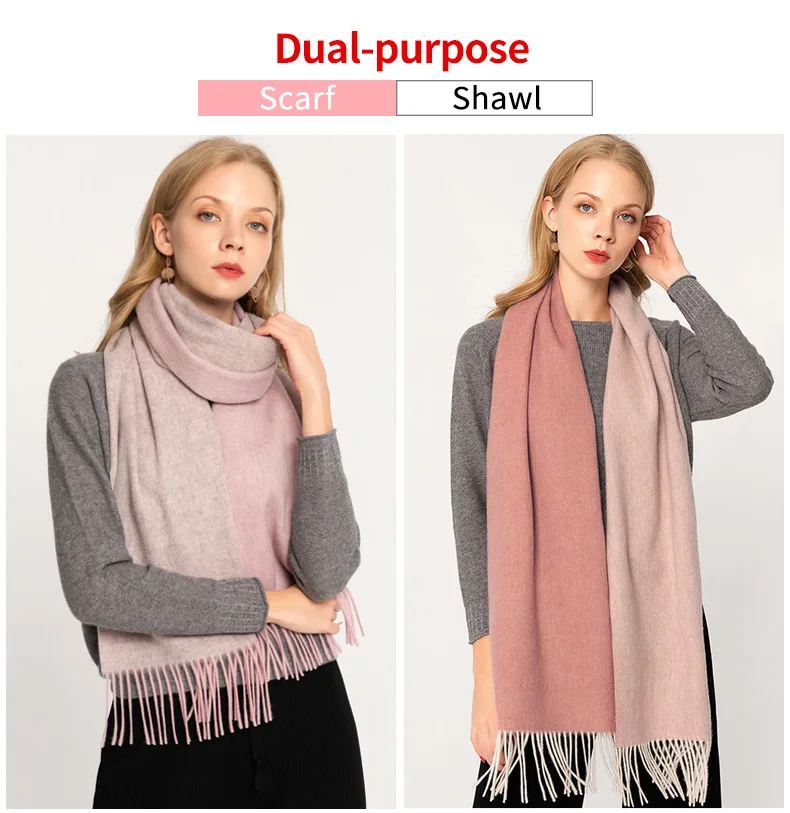 Женский шарф из овечьей шерсти, Осень-зима, модные теплые мягкие двухцветные шерстяные шарфы с кисточками для женщин