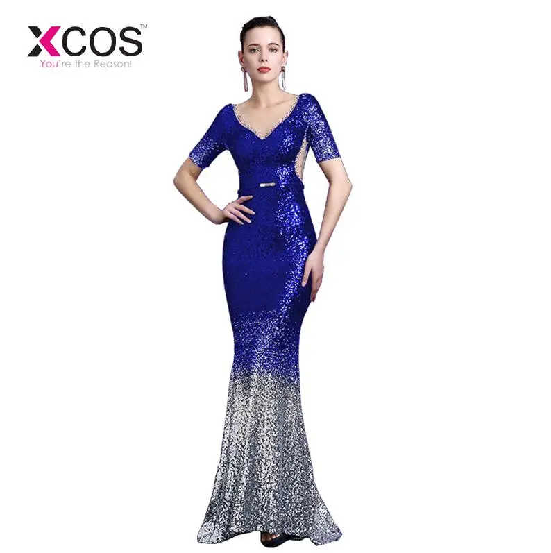 Royal Blue Xcos темно-синие блестки градиентные Вечерние платья Длинные сексуальные прозрачные v-образным вырезом просвечивающие сзади вечернее платье Русалка платье - Цвет: Royal Blue