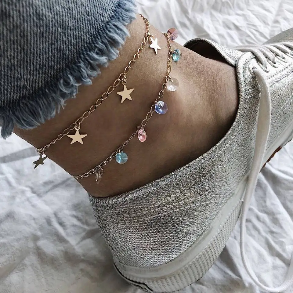 

JCYMONG New Double Layer Gold Color Chain Star Anklets For Women Shining Crystal Ankle Bracelet on Leg 2019 Beach Foot Jewelry