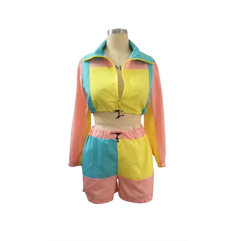 Echoine Красочные Лоскутные сексуальные костюмы из двух частей для женщин топы с длинными рукавами+ короткие с молнией брюки женский спортивный костюм комплект