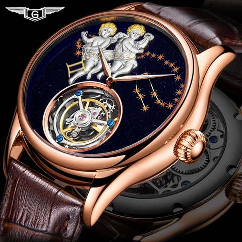 Vento dos Homens Relógios de Topo Guanqin Real Tourbillon Mecânica Marca Luxo Gemini Relógio Masculino Safira Ouro 2020 Mão