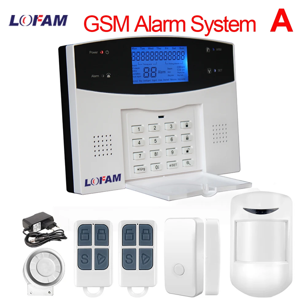 

LOFAM wireless burglar GSM alarm system LCD display PIR infrared door sensor home security alarm wired Siren Kit SIM SMS Alarm