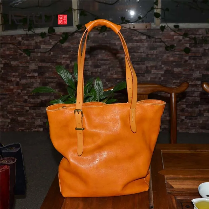 

EUMOAN Large leather handbag vegetable tanned rub color retro tree cream leather soft tote