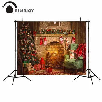 Allenjoy ビニール写真の背景暖炉クリスマスツリーアームチェア靴下ギフト敷物子供暖かい背景写真壁の紙