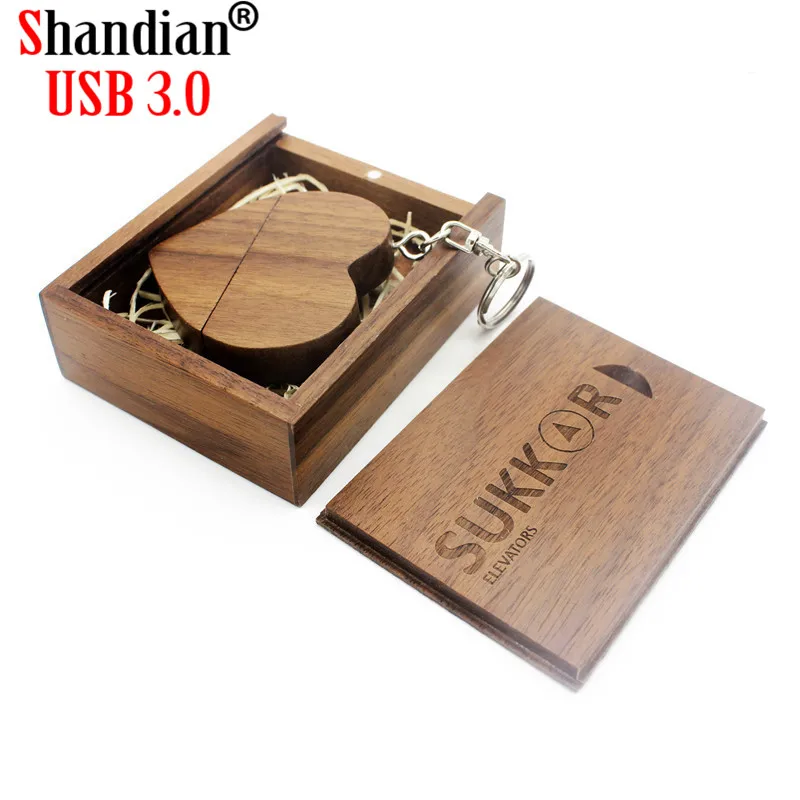 SHANDIAN USB 3,0 изготовленным на заказ логосом Деревянный сердце+ коробка карта памяти, Флеш накопитель 4 gb/8 gb/16 gb/32 gb/логотип по индивидуальному заказу свадебный подарок с высокой скоростью