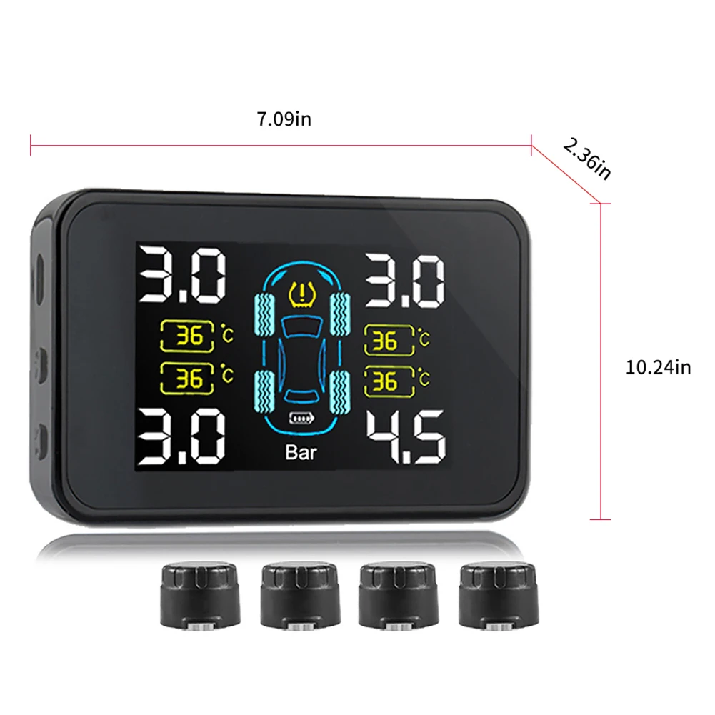 Система контроля давления в шинах для автомобиля TPMS, автоматическая зарядка на солнечной батарее, блок регулируемого температурного давления с 4 датчиками