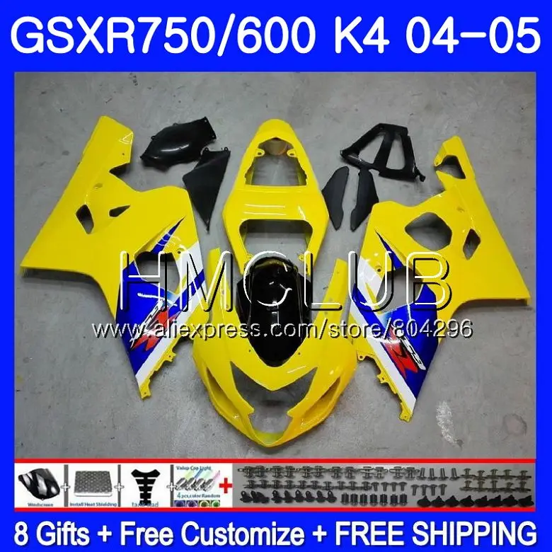 

Yellow blue Body For SUZUKI GSXR 750 GSX R750 K4 GSXR 600 04 05 GSX-R600 4HM.13 GSXR-750 GSXR600 04 05 GSXR750 2004 2005 Fairing