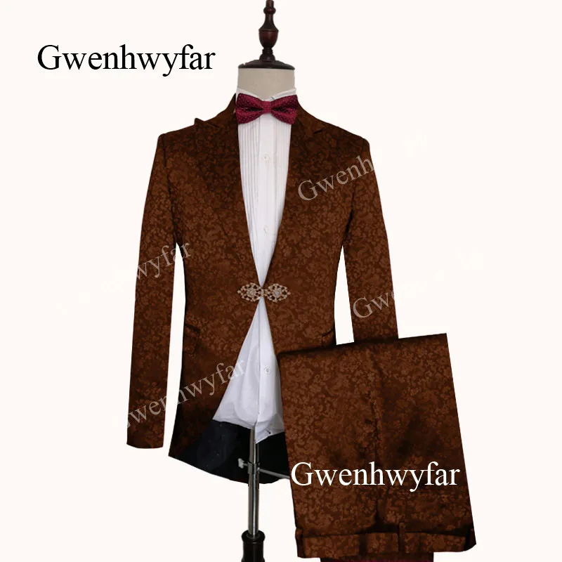 brown Gwenhwyfar Темно-Золотые костюмы для мужчин заказной дракон жаккард сатин супер мягкий костюм жениха для мужчин 2 шт.(куртка+ брюки - Цвет: brown