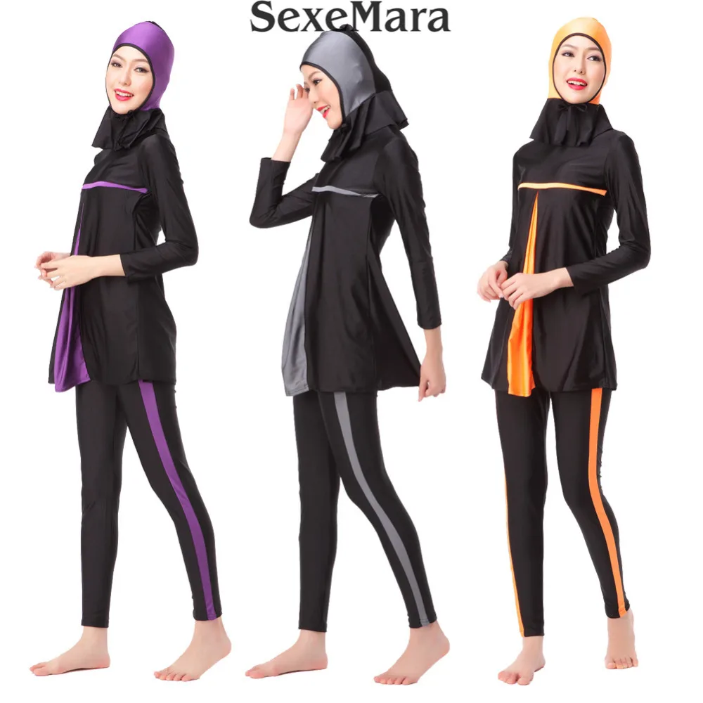 2017 Full cover Modest font b Muslim b font swimwear Islamic Women Patchwork Long sleeve Arab