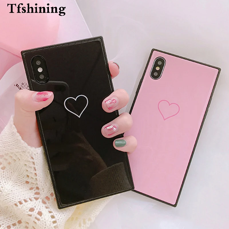 Tfshining Fashion Square Tempered Glass Cell Phone Case for iphone 11 Pro Max X XR XS 6s 7 8 Plus Hard Cute Love Heart Cover | Мобильные