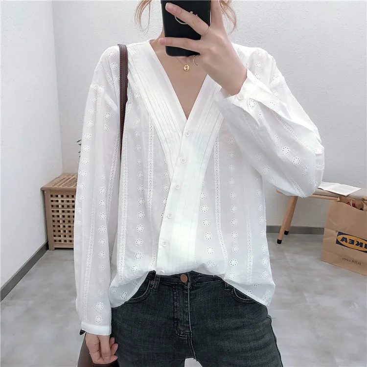

2019 mori girl Sweet crochet hollow out lace embroidery v-neck Oblique placket shirt chic blouse female 2662
