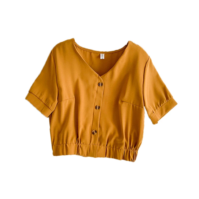 Женская Однотонная рубашка с v-образным вырезом, однобортный короткий топ с высокой талией, шифоновая блузка E367