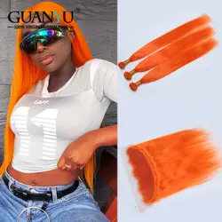 Guanyuhair предварительно сорвал перуанский волосы remy 3 Связки с 13*4 синтетический Frontal шнурка волос предварительно сорвал оранжевый 100% пряди