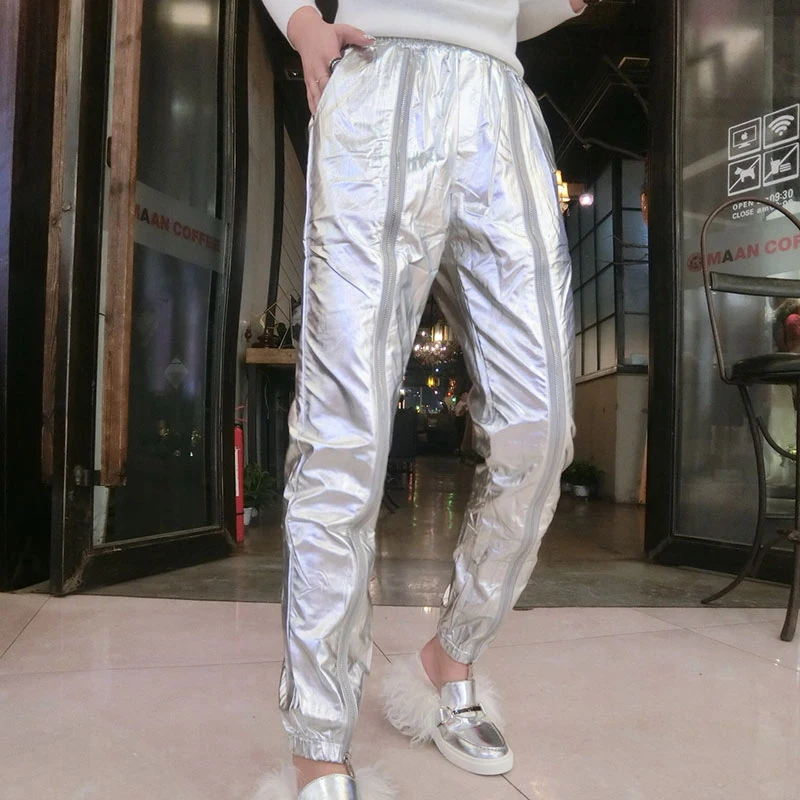 Повседневные серебряные танцевальные женские брюки унисекс хип-хоп лоскутные брюки BF Harajuku молния джоггеры тренировочные брюки полная