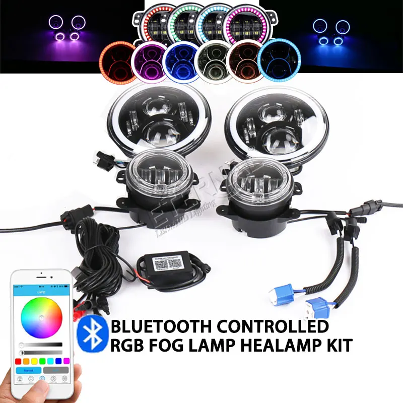 Bluetooth remote 60 W RGB светодиодные фары + 4 дюйма 30 led противотуманных фар для 4x4 offroad Wrangler