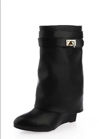 

Shark Lock Boots Black Leather Women Winter Mid-calf zip Boots High quality Thick High Heels Hot Selling Boots