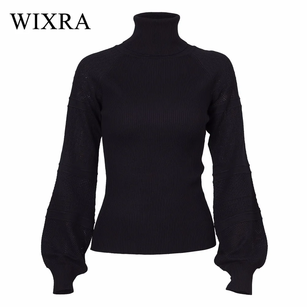 Goedkoop Wixra Warm en Charme Winter 2017 vrouwen Gebreide Coltrui Uitgehold Trui Lange Lantaarn Mouwen Knitwear Jumper Top