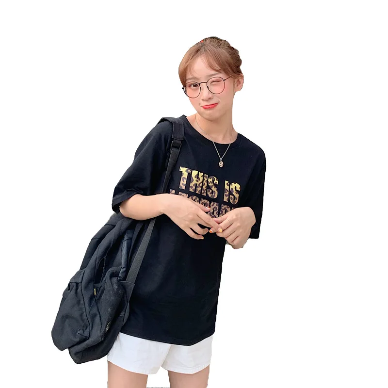 

ZXQJ Loose cotton short-sleeved T-shirt female 2019 summer Korean version Harajuku Leopard pattern letter printing clothes
