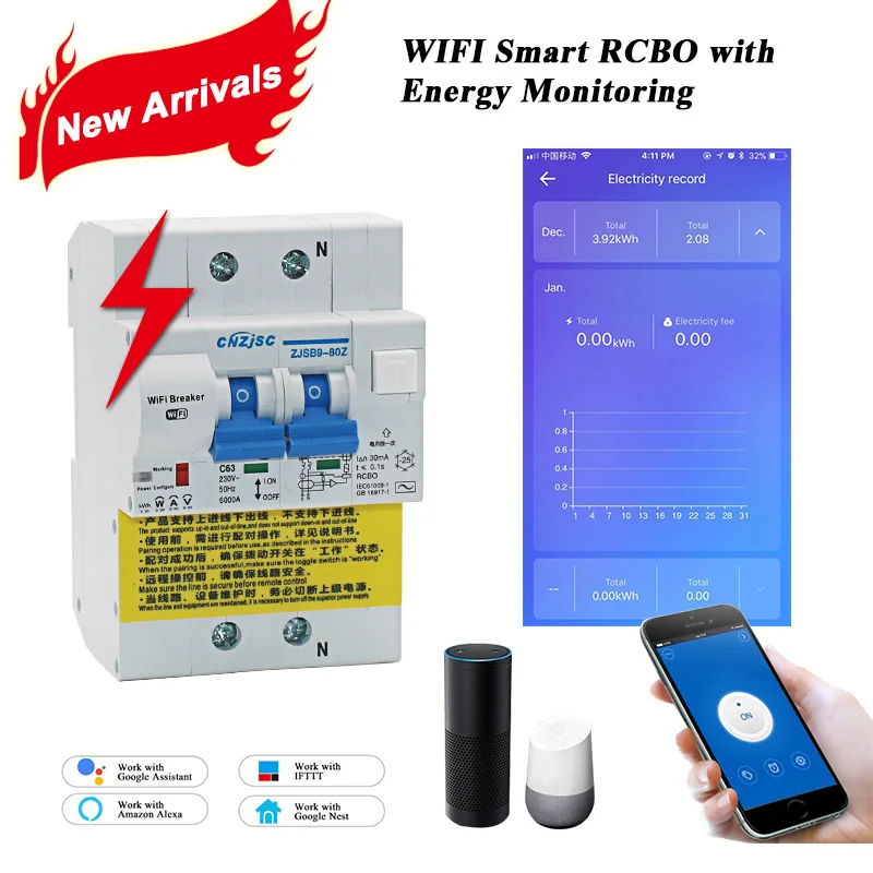 Wifi Smart RCBO выключатель остаточного тока с контролем энергии, совместимый с Amazon Alexa, Google Home для умного дома