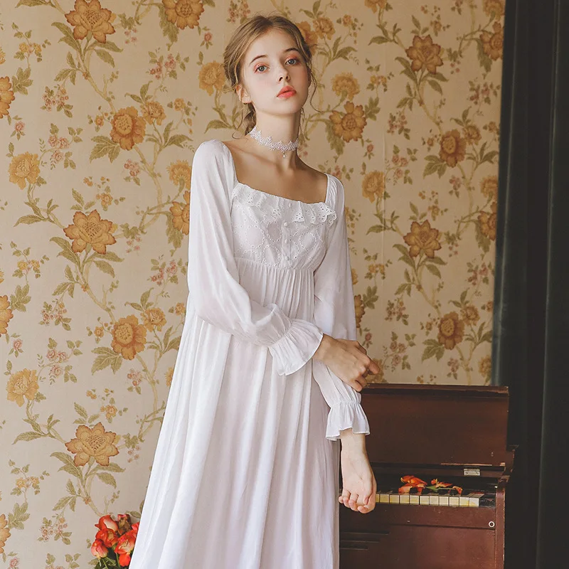 Vintage Night Dress Autumn Women Sleepwear White Cotton Homewear Square Collar Sleepdress Long Sleeve Nightgown Sleepshirts