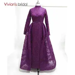 Фиолетовый арабский с длинными рукавами бальное платье вечерние платья Высокая шея Фиолетовый атласные аппликации кружево платья для