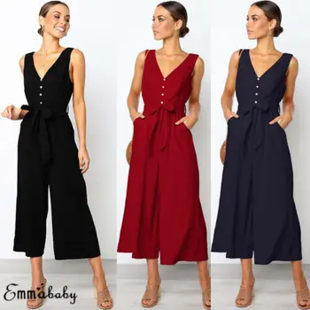 

Summer Formal Cool arrival Office Lady Womens Solid Black V-neck Playsuit Party Summer Romper Loose Wide Leg Jumpsuit Size