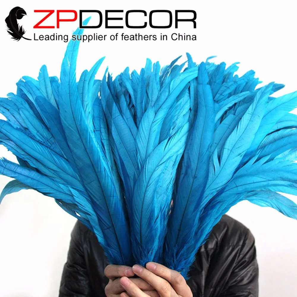 

ZPDECOR 100pcs/lot 35-40cm(14-16inch) Hand Select Beautiful Decolor Rare Turquoise Rooster Coque Tail Feathers For Crafting