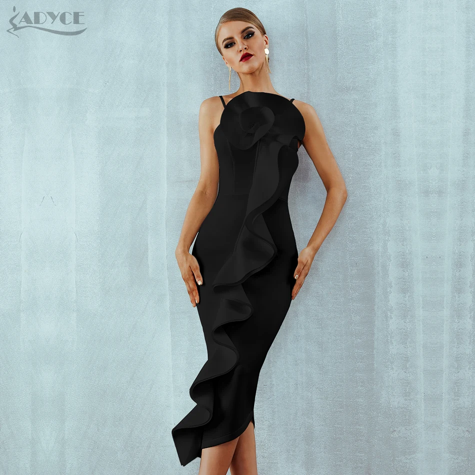 

Adyce New Summer Women Black Celebrity Evening Party Dress Vestidos 2019 Sexy Sleeveless Ruffles Floral Hot Bodycon Club Dresses