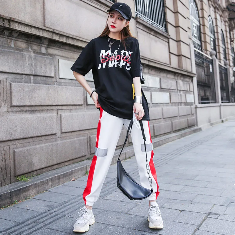 

2019 Autumn Womens Two Piece Sets Dance Elasticit Waist Pants and Letters T Shirt 2 Piece Set Women Purple Clothes