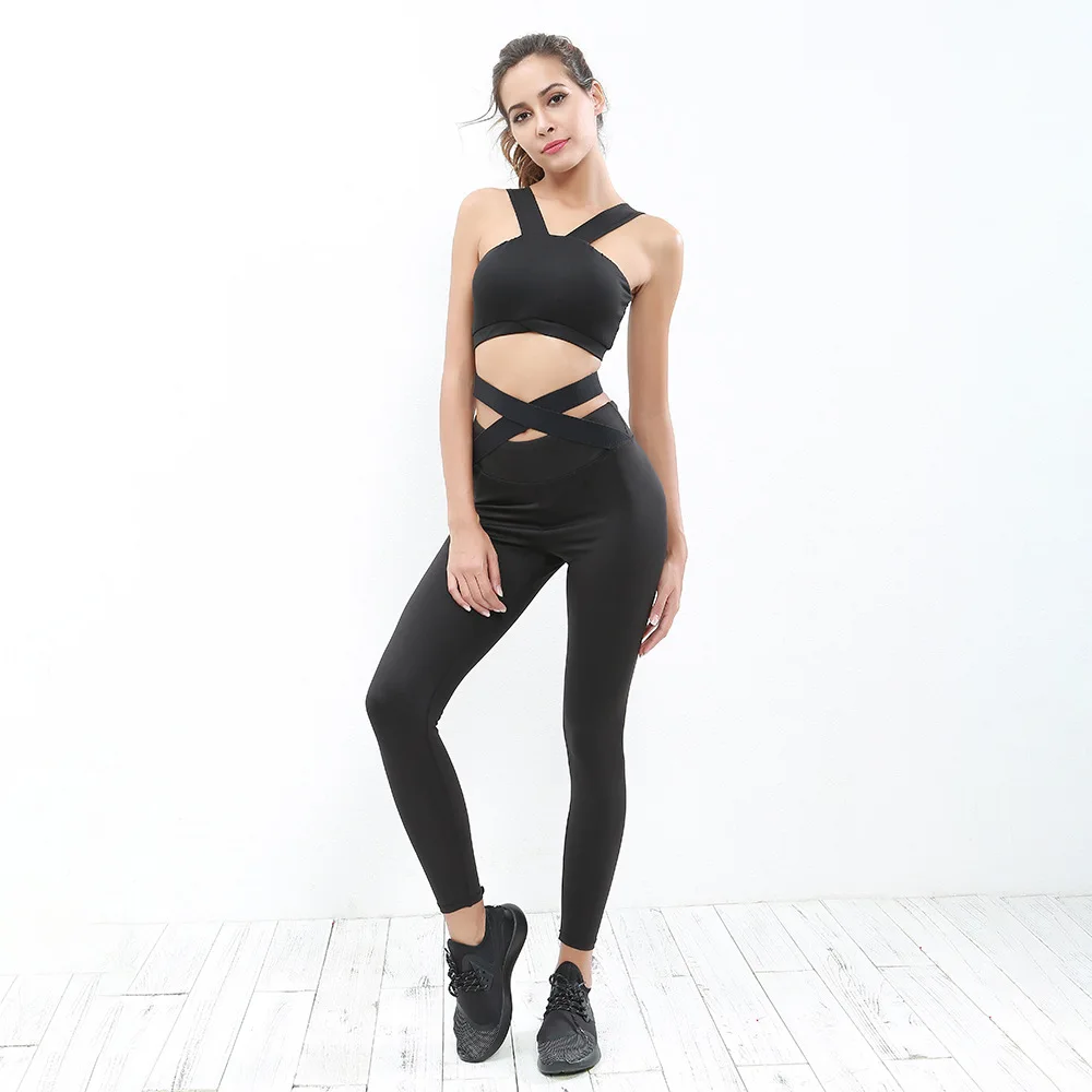 2018 New Black Workout Set Women V Neck Sexy Tanks Tracksuit Slim Crop