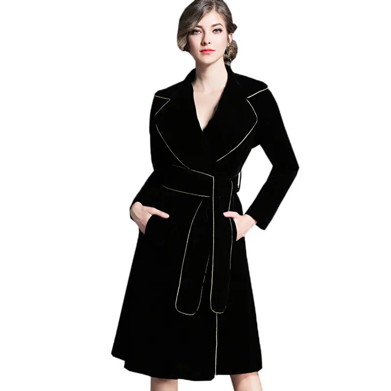 Autumn Winter Women Gold striped Velvet Long Coat 2017New Fashion Waist belt Slim Windbreaker