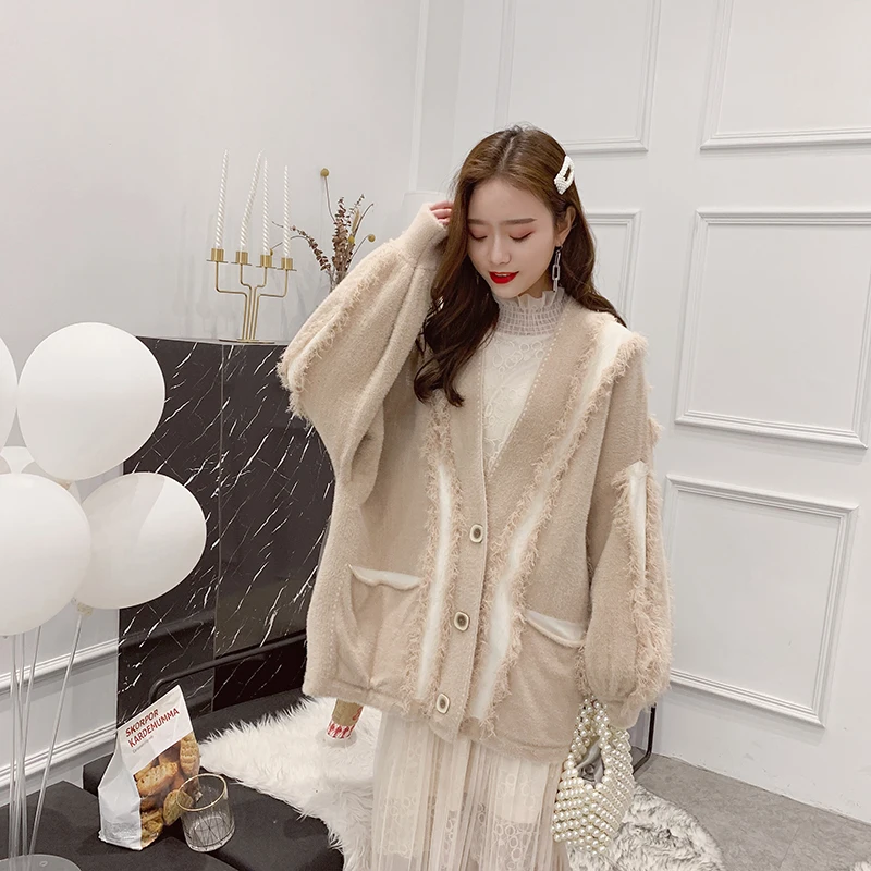 

Warm Mink Cashmere Sweaters tassel Women Autumn Winter Soft Sweater V-neck cardigans Female causal