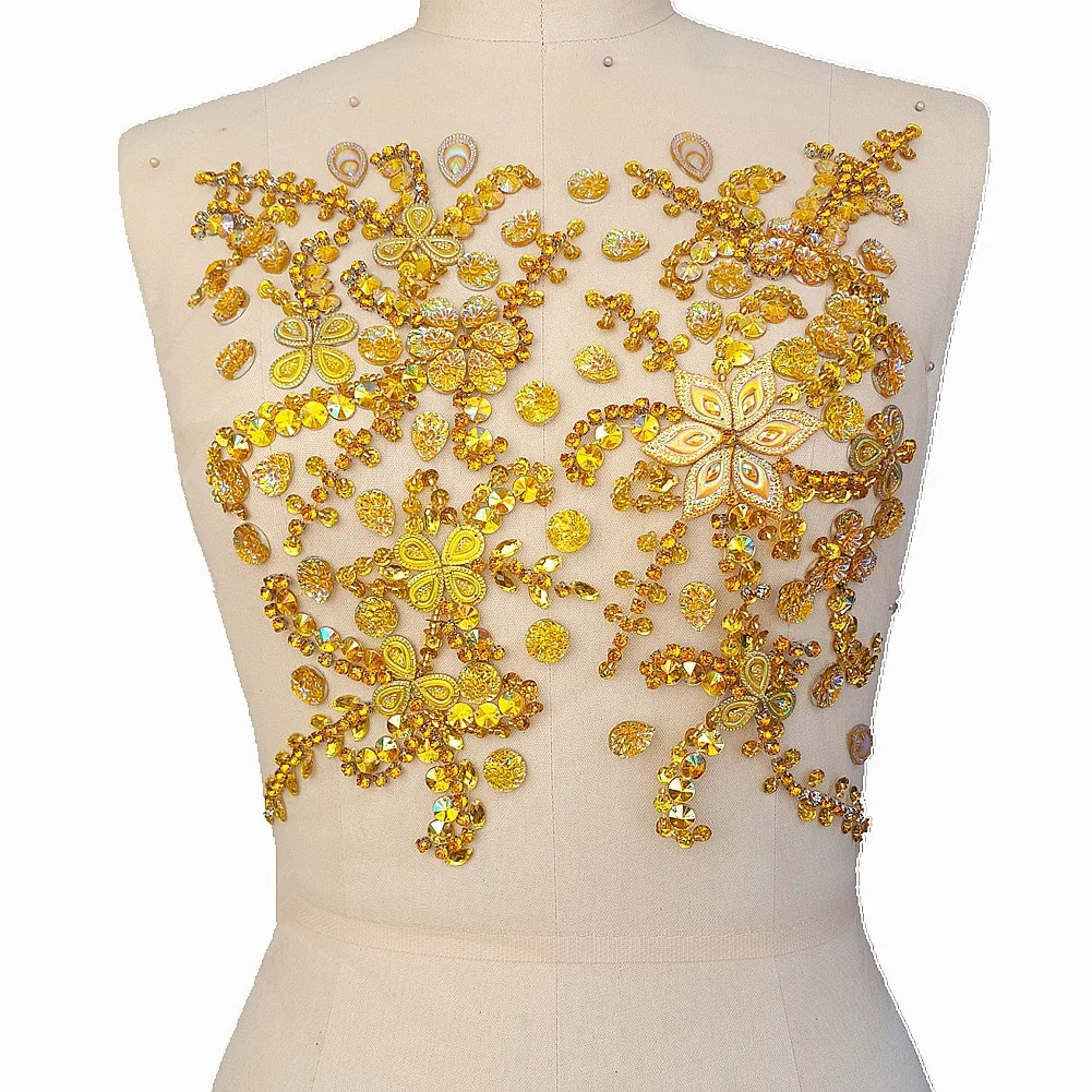 Beaded Bright Yellow Sew on Rhinestone Crystal Sewing Appliques For