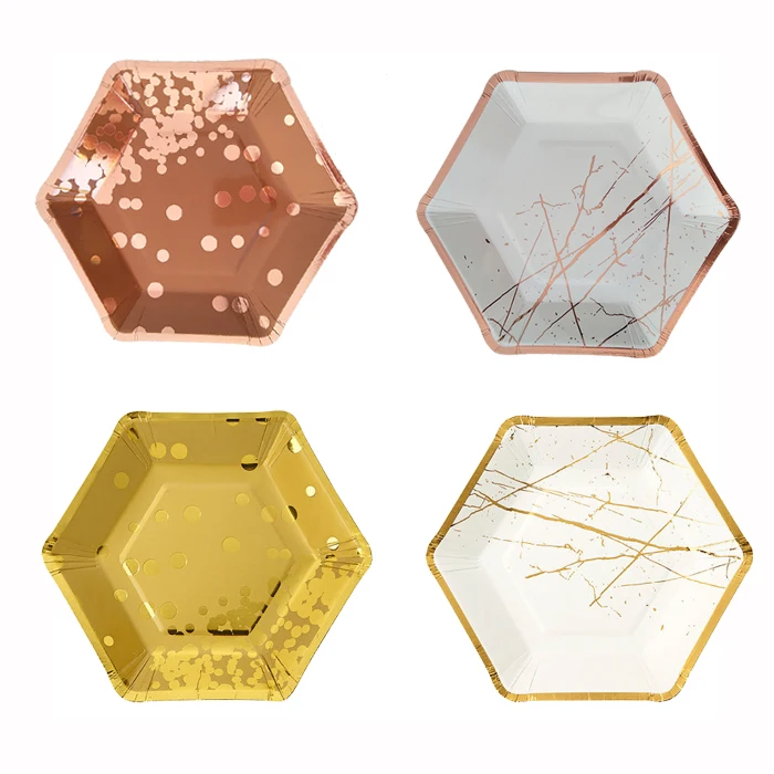 128pcs Rose Gold Paper Plates Foil Marble Polka Dot Design For