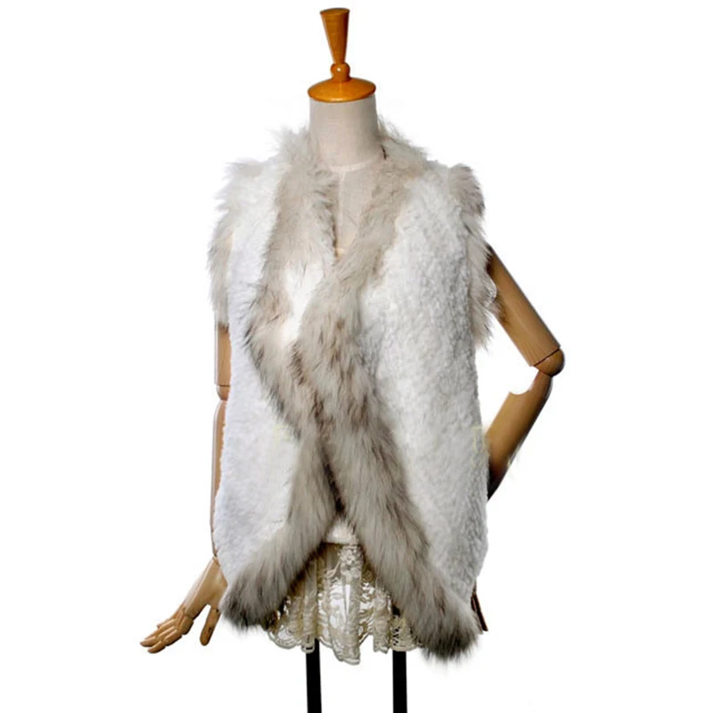 

Free Shipping 100% Real Rabbit Fur Knitted Vest With Raccoon Fur Trimming , Natural Rabbit Fur Gilet BE1807