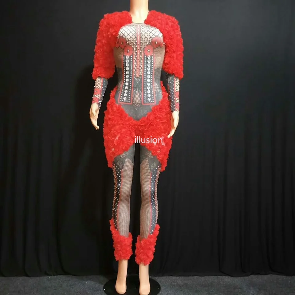 Красные цветы Стразы комбинезон с заклепками женский сексуальный с аппликацией женский цельный костюм для празднования дня рождения танцевальная одежда для ночного клуба