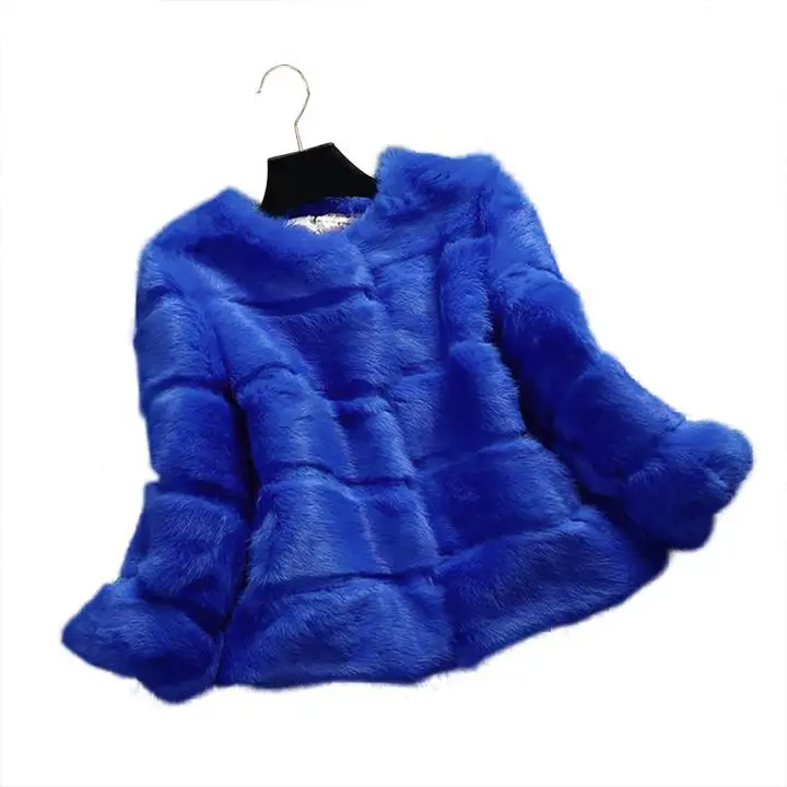 Настоящая Меховая куртка, женская теплая шуба из кроличьего меха, натуральная Шуба с круглым вырезом, Модная тонкая шуба из кроличьего меха - Цвет: 4 Blue