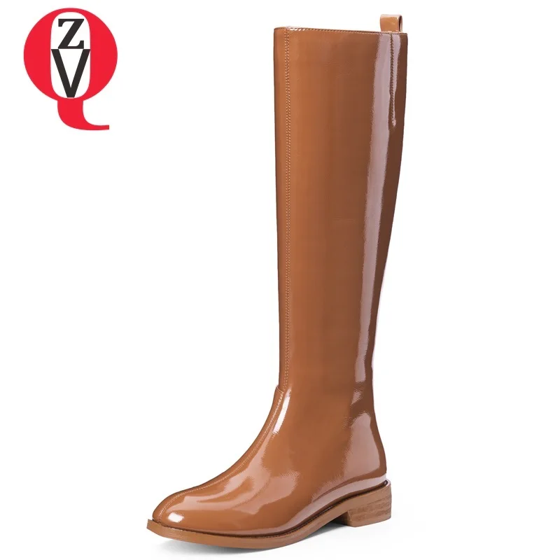 

ZVQ women shoes winter new concise casual patent leather low square heel roud toe zip two colors outside warm knee high boots