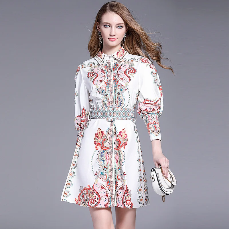 

Runway Designer Vintage Printed Mini Dress Women Holiday Vocation Vestidos Lantern Sleeve High Waist Shirt Short Dress With Belt