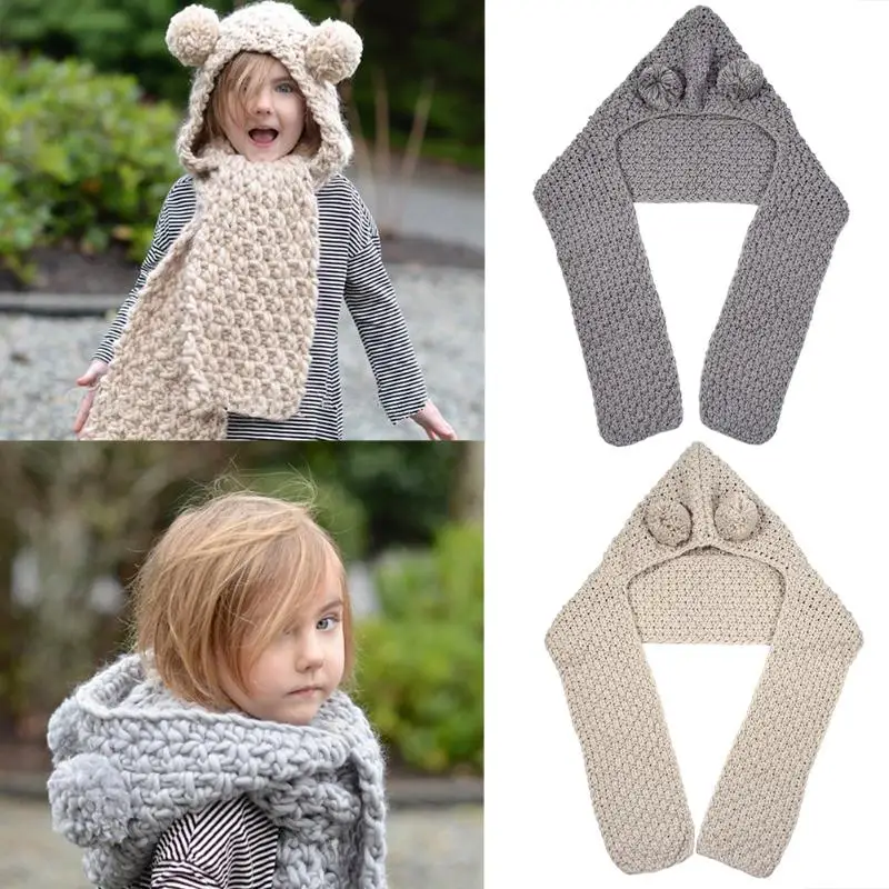 

1pc Knitted Hooded Scarf Hat Children Winter Wool Knitted Cap Double Ball Hats Girls Shawls Hooded Scarf Boys Girls Hats