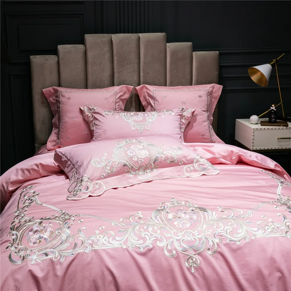 buy Luxury Pink 100S Egyptian cotton Embroidered Bedding sets Queen King Princess Duvet cover Bed sheet set Pillowcases 4 6pcs Blue
