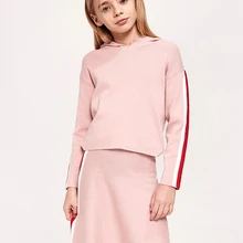 Balabala/комплект из 2 предметов для девочек, свитер с капюшоном и удлиненной спинкой+ вязаная юбка с полосками сбоку, комплект одежды для девочек-подростков