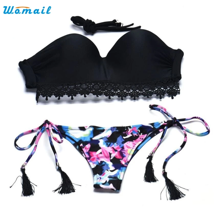 2016 Hot Sale Women Bikinis Set Female Sexy Bra Floral Swimsuit Push up Swimwear Black Lady