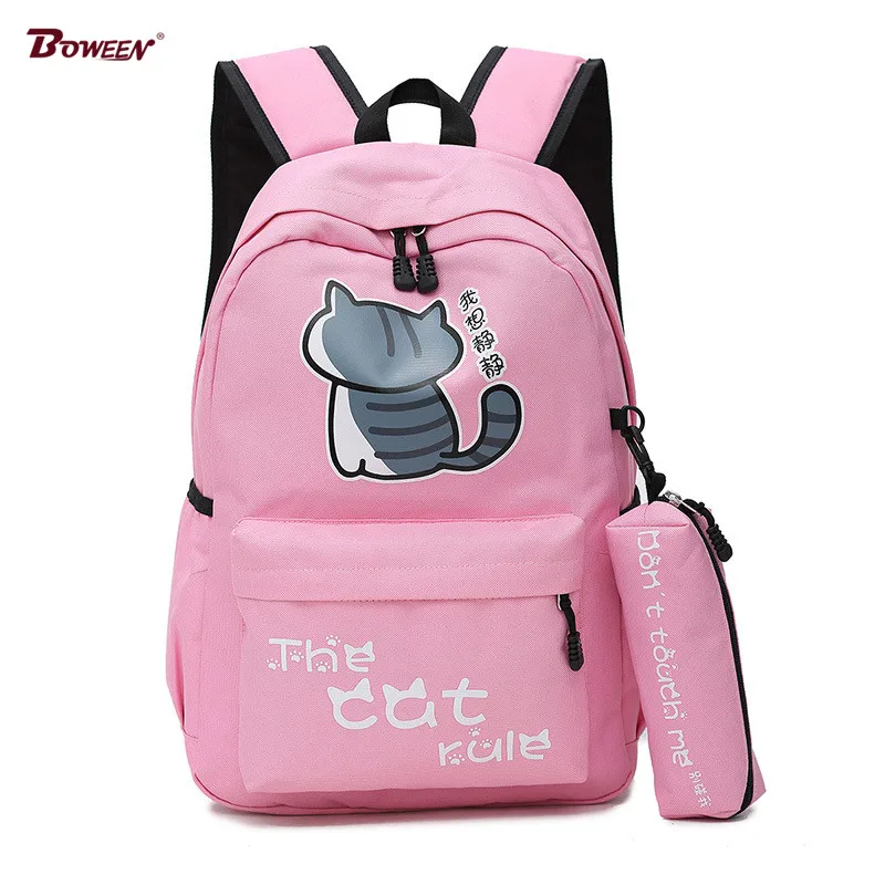 

Cute cat teens school bags for teenage girls backpack women pink nylon solid junior high school student schoolbag Large 2019