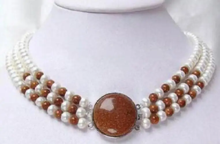 

Hot sale new Style >>>>>3 Rows Real White Pearl Golden Star Stone 18KWGP Clasp Necklace