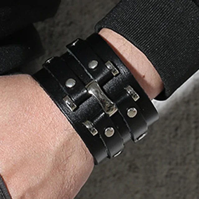 Wide Black Handmade Leather Cuff Bracelet With 2 Studded Strips Wide Black Handmade Leather Cuff Bracelet With 2 Studded Strips Double Metal Men Wristband Male Jewelry