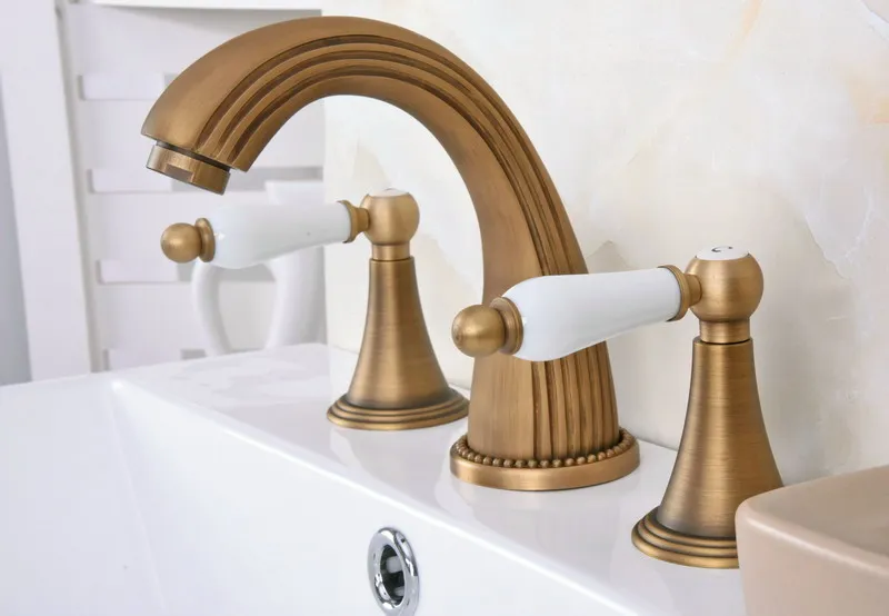 

Antique Brass White Dual Ceramic Levers Handles Widespread 3 Hole Install Bathroom Sink Basin Faucet Mixer Taps aan091