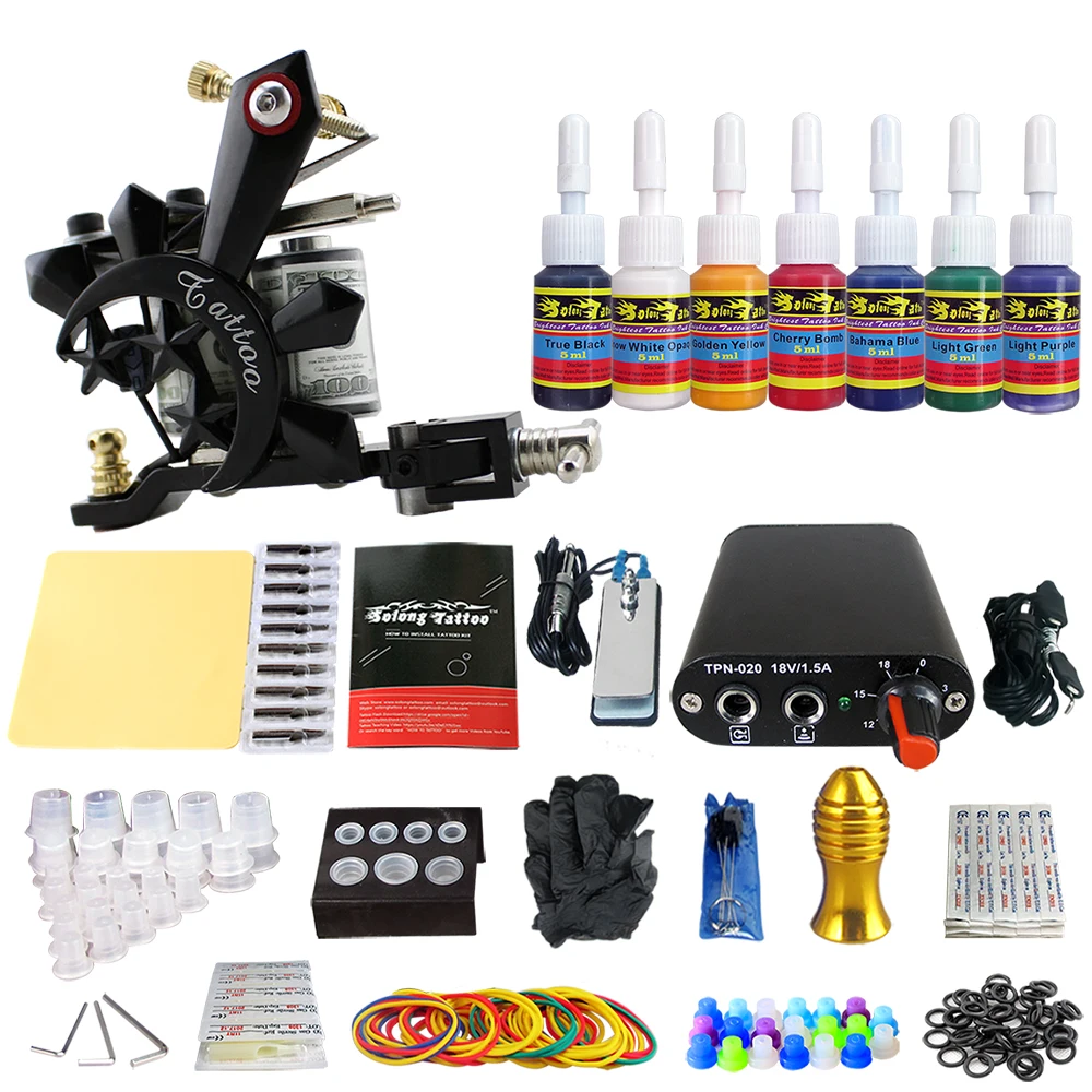 

Hybrid Complete Tattoo Coil Machine Kit For Liner Shader Power Supply Foot Pedal Needles Grip Tips Tattoo Body&Art TK105-16