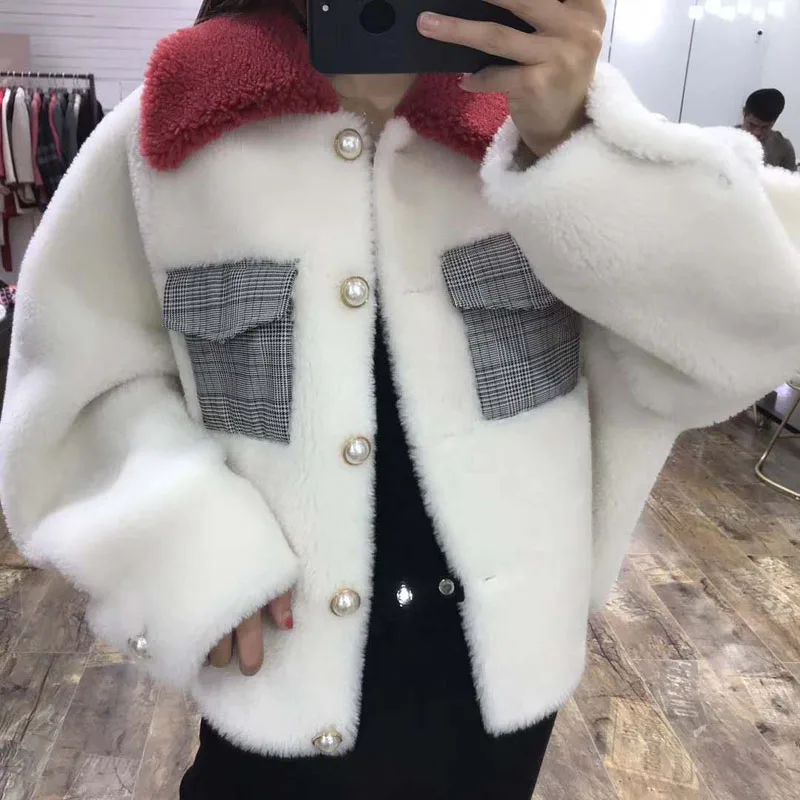 sheep fur coat female winter short jacket Pearl buttons and Cloth bag overcoat turn-down collar clothing Plus size wool blends